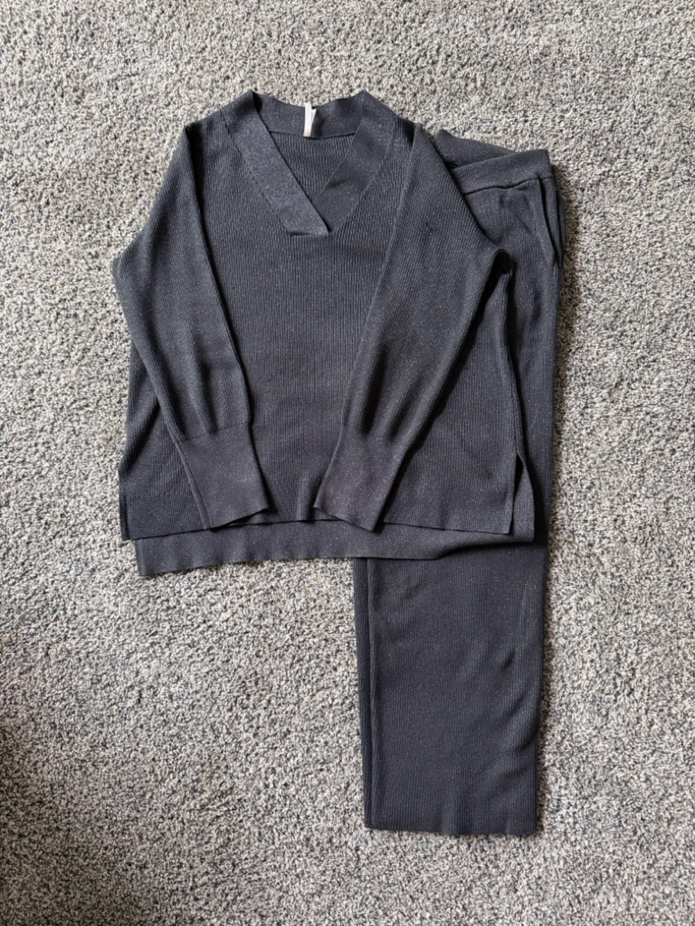 Soma Black Ribbed Knit V-Neck Top and Matching Elastic Waist Wide Leg Pants